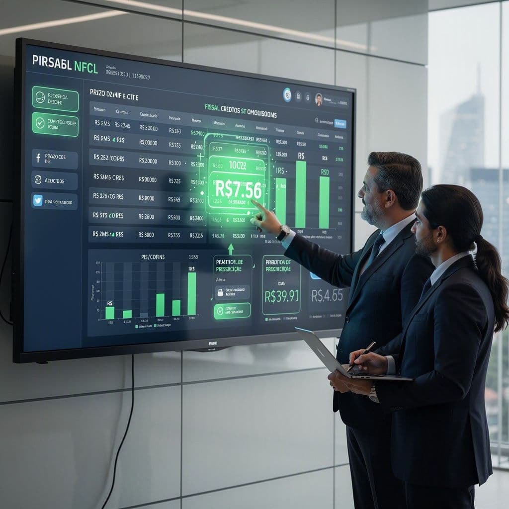 Controller financeiro analisando dashboard com IA que identifica créditos fiscais em NF-e e CT-e antigas.