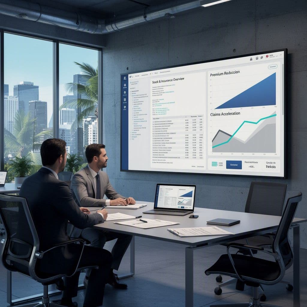 CFO analisando dashboard de NF-e e estoque para negociar prêmio de seguro empresarial