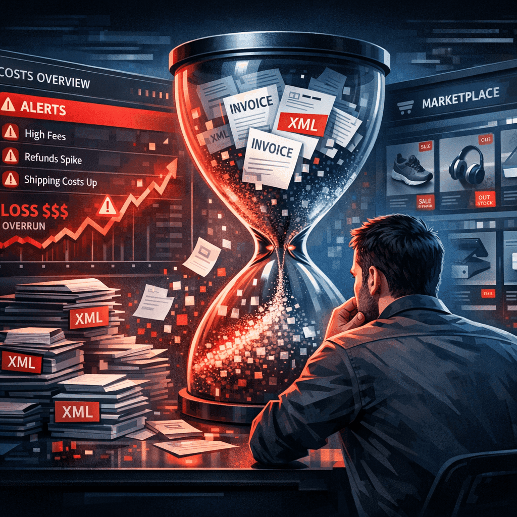 Gestor de e-commerce vendo XMLs de notas fiscais expirando e afetando custos no dashboard