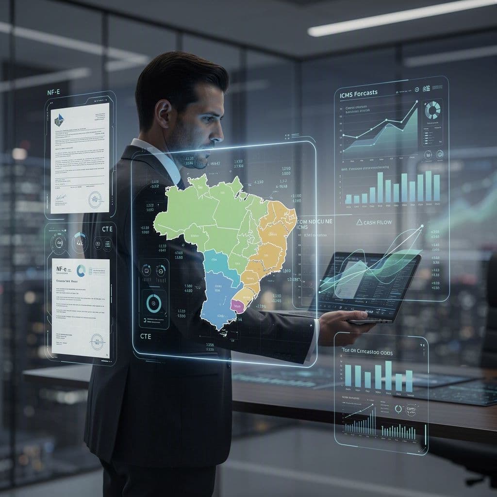 CFO analisando painel preditivo de impostos com NF-e e CT-e em operação multirregional