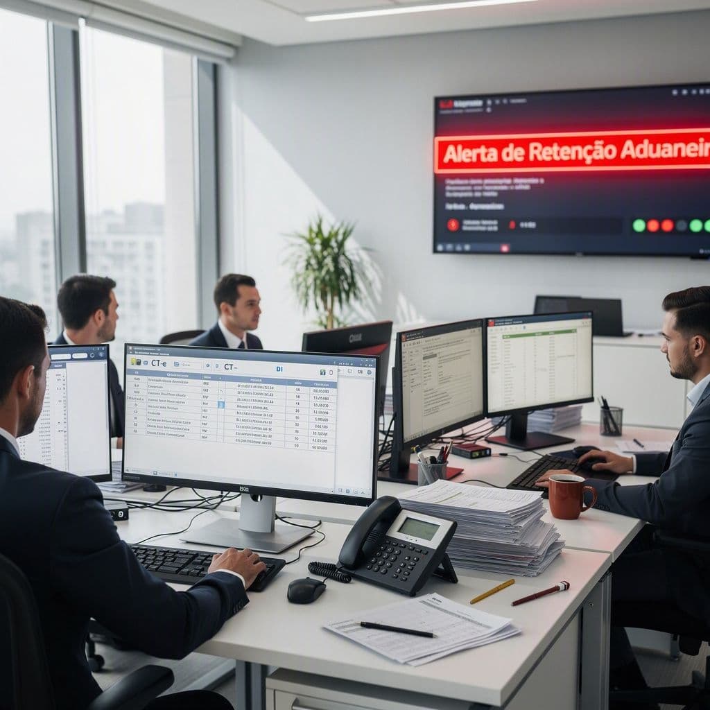 Equipe de importação analisando documentos fiscais com alerta de retenção aduaneira