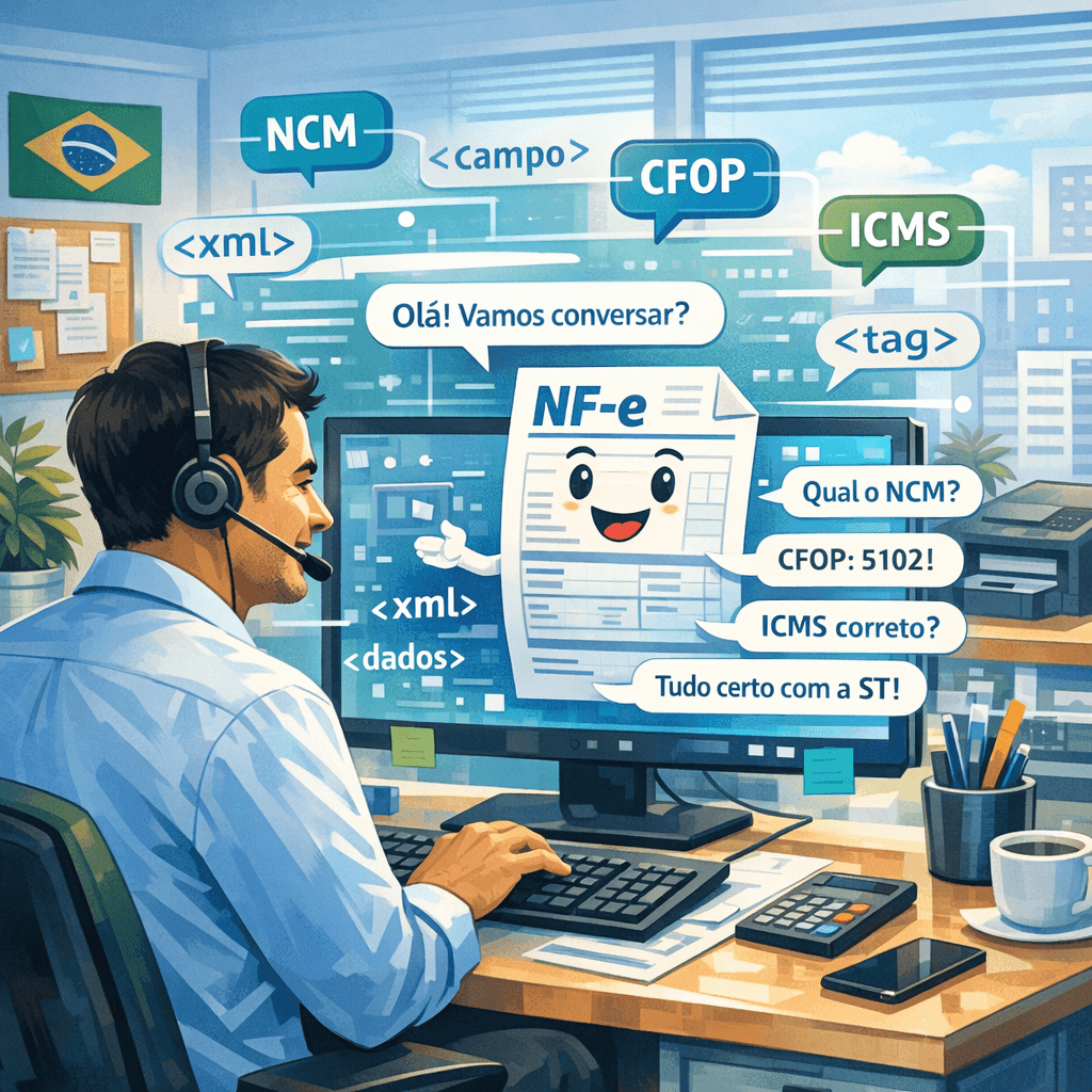 Gestor fiscal usando um chat de IA para consultar dados de NF-e e DF-e em segundos