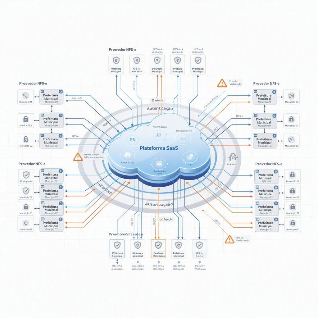 Diagrama mostrando múltiplas prefeituras e provedores conectados a um único sistema central
