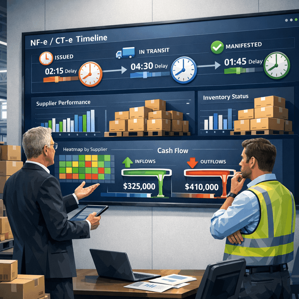 Dashboard de Tempo-Fiscal com atrasos entre emissão, entrega e manifestação impactando caixa, estoque e risco fiscal
