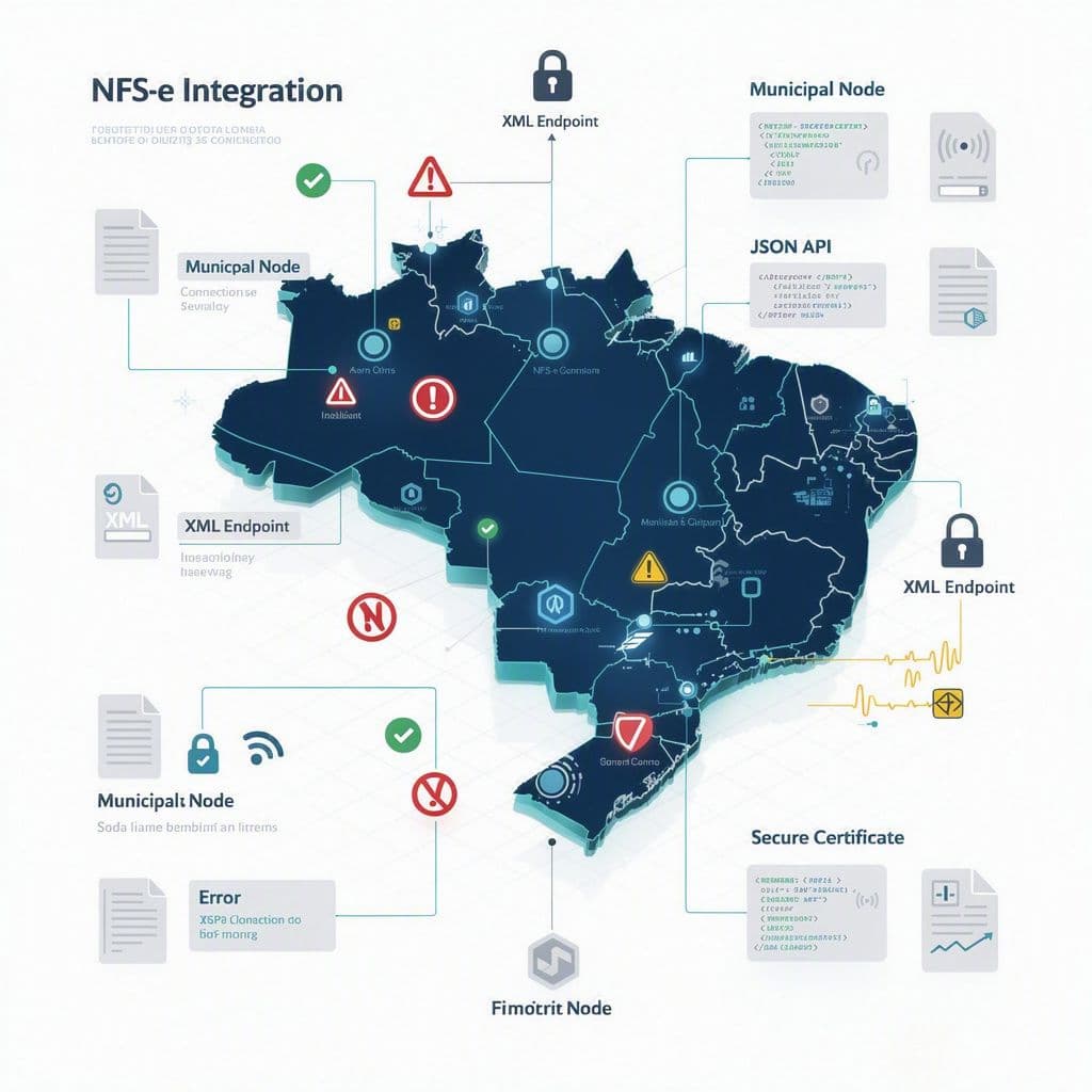 Mapa do Brasil com múltiplos municípios conectados a integrações diferentes e instáveis