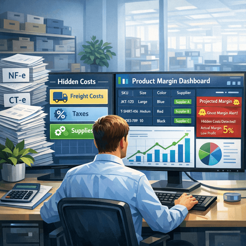 Controller analisando dashboard de margem real por produto com dados extraídos de NF-e e CT-e por IA