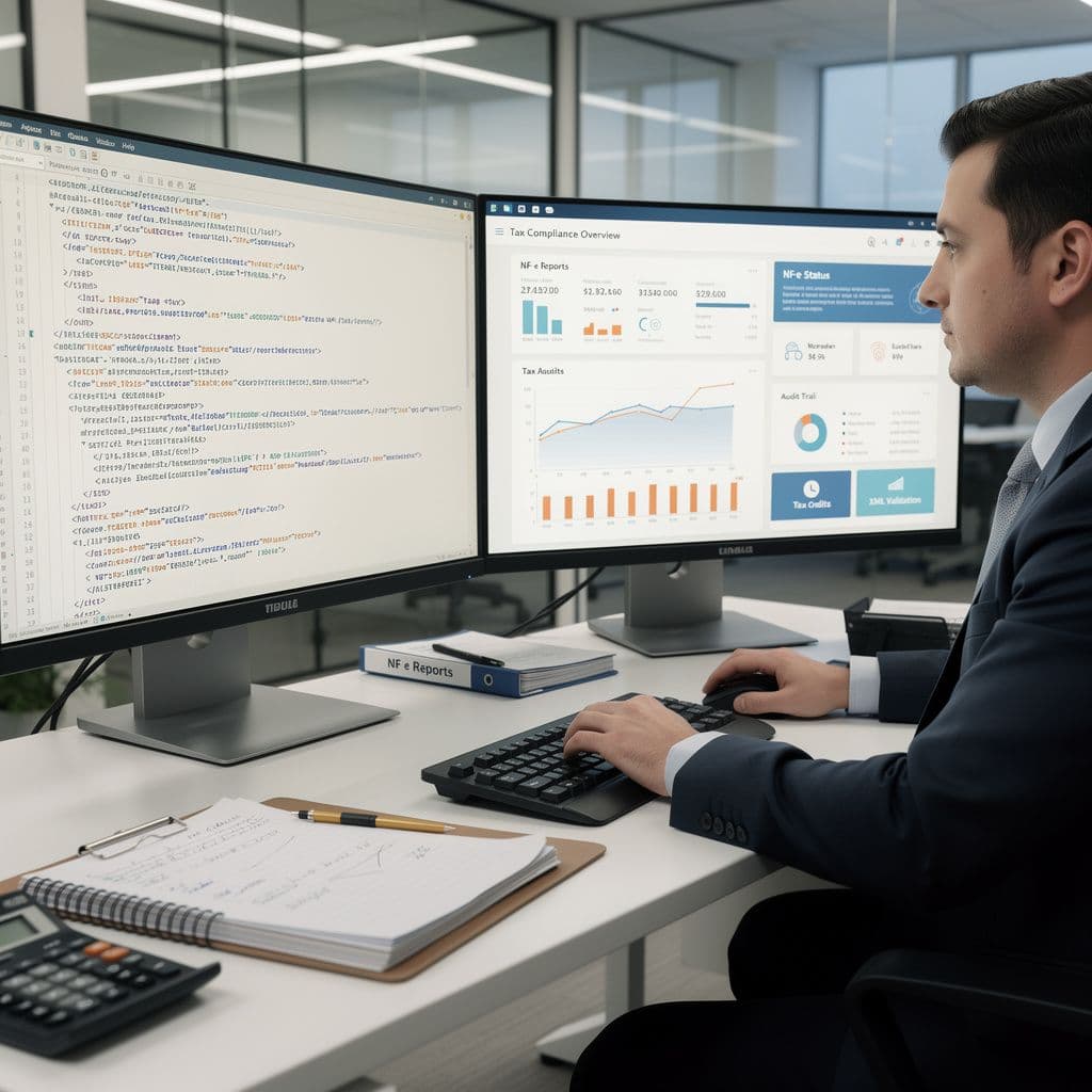 Analista fiscal comparando XML de NF-e e dashboard tributário