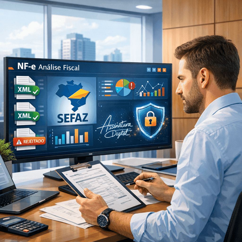 Analista fiscal identificando nota fiscal indevida em dashboard digital para proteger o CNPJ