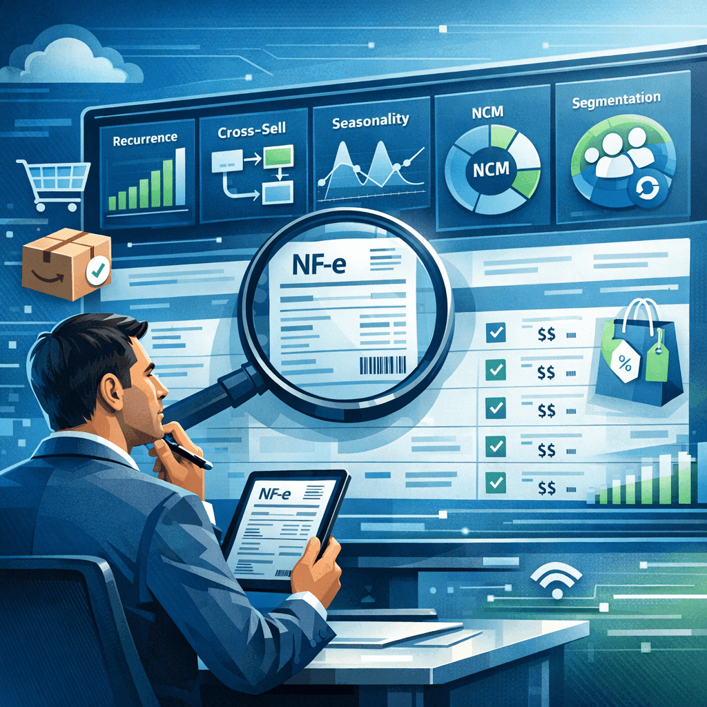 Gestor analisando NF-e em dashboard para descobrir padrões de compra e vender mais