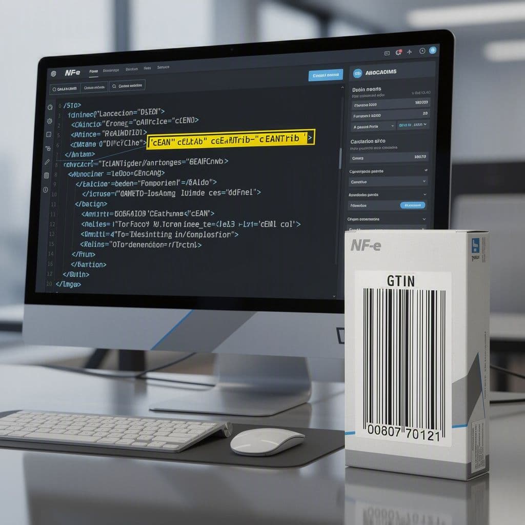 Tela de XML de NF-e destacando campos cEAN e cEANTrib ligados a código de barras do produto