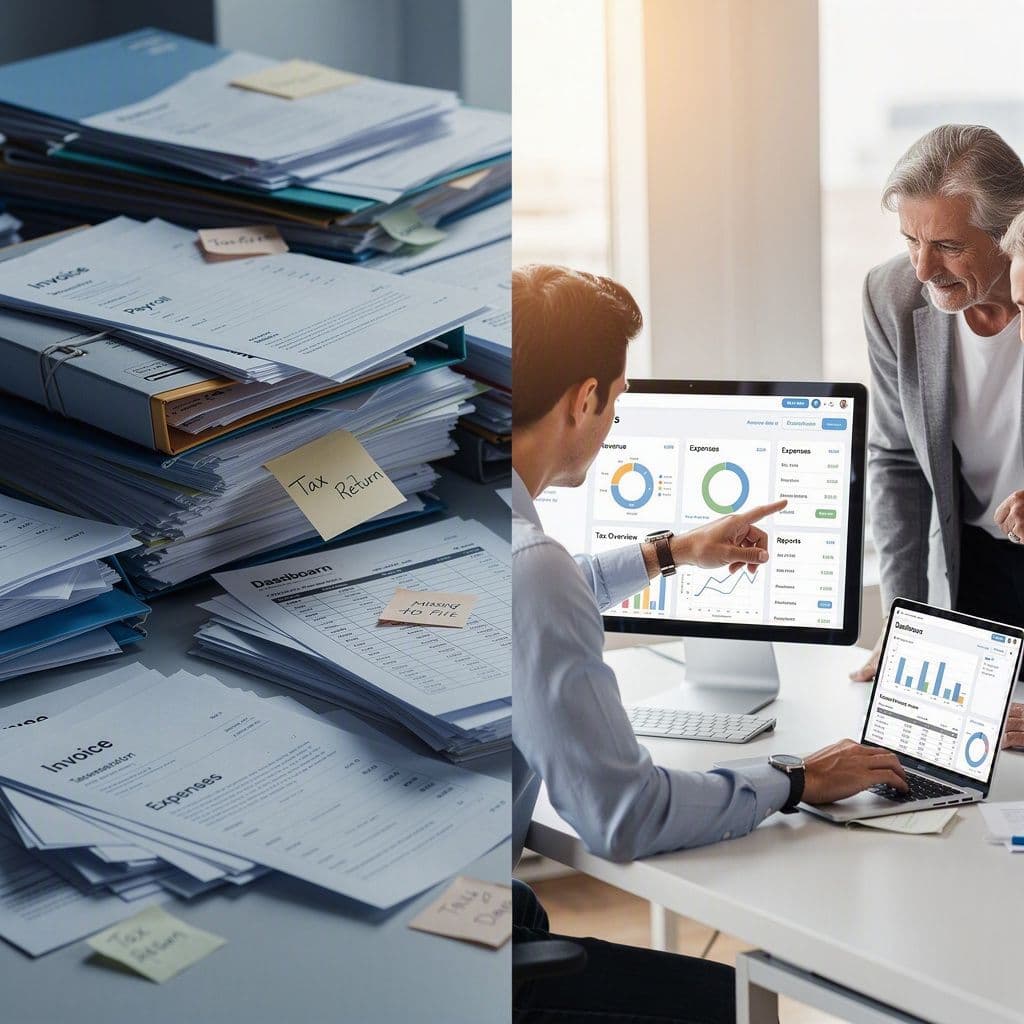 Transição entre gerações com documentos fiscais espalhados e dashboard centralizado ao lado