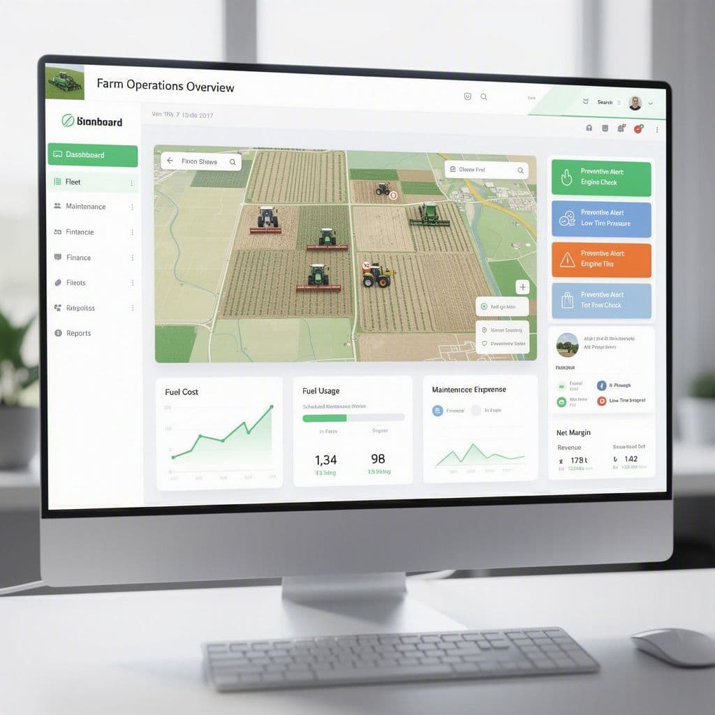 Dashboard agrícola com indicadores de manutenção, combustível e custos da frota.