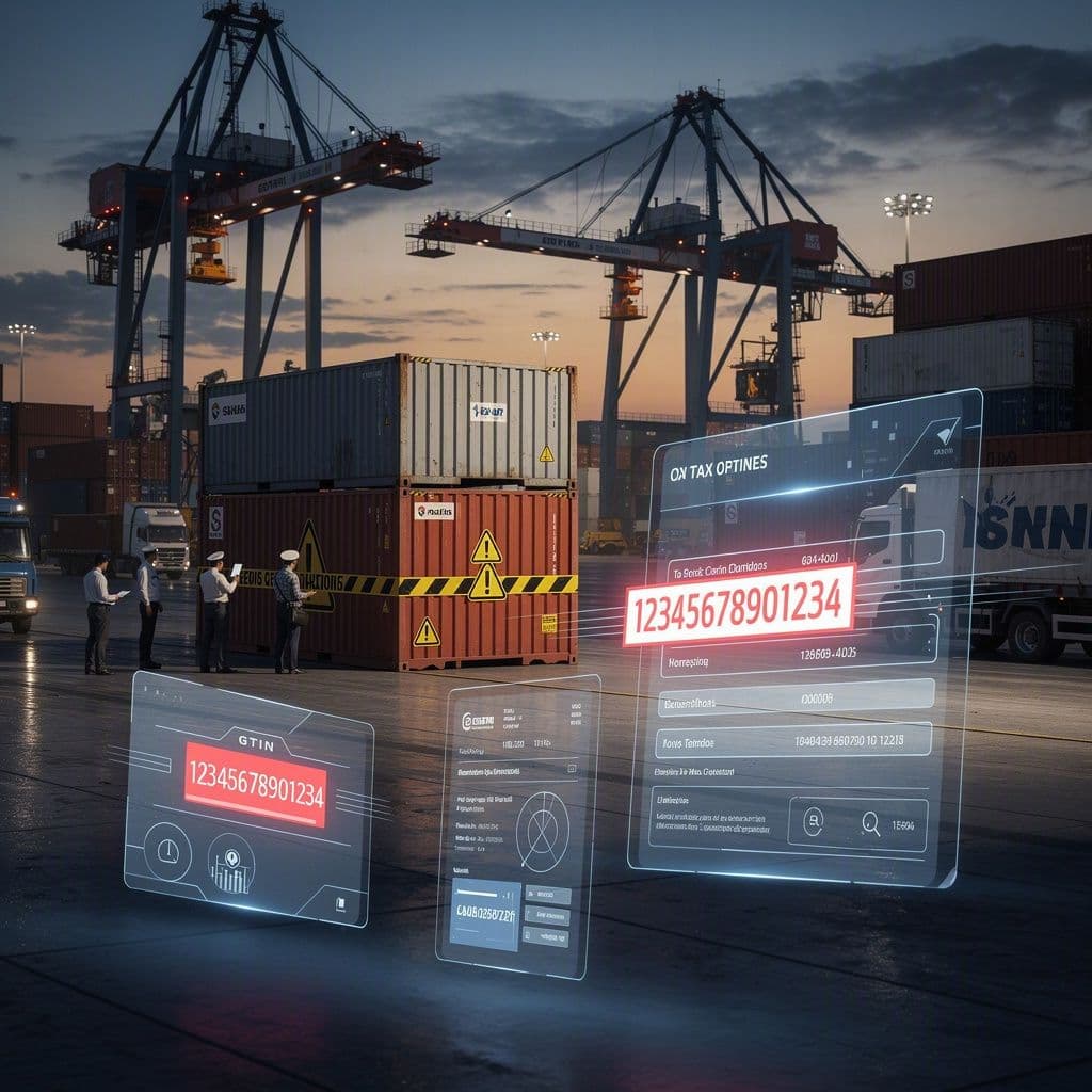 Carga de exportação parada no porto com destaque visual para erro de GTIN na NF-e