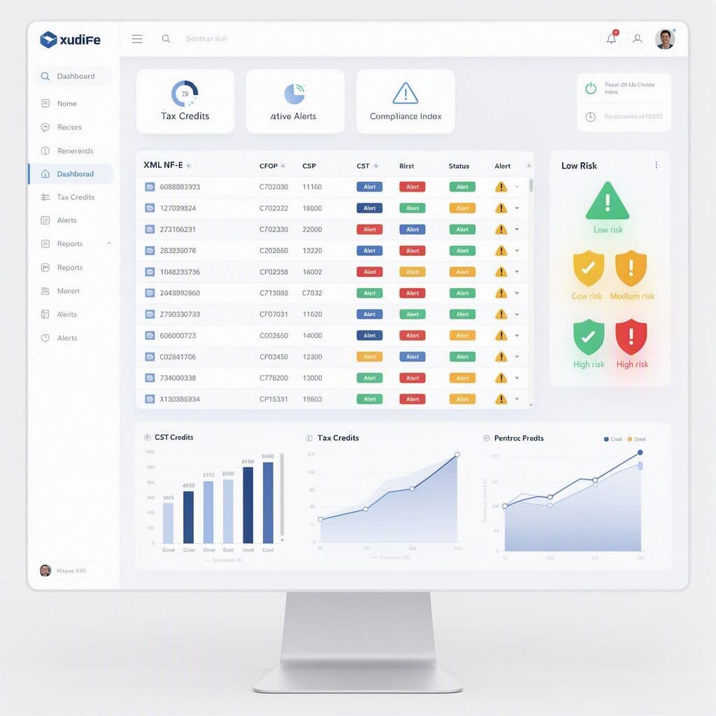 Tela com XMLs de NF-e, indicadores fiscais e alertas de risco em ambiente de due diligence