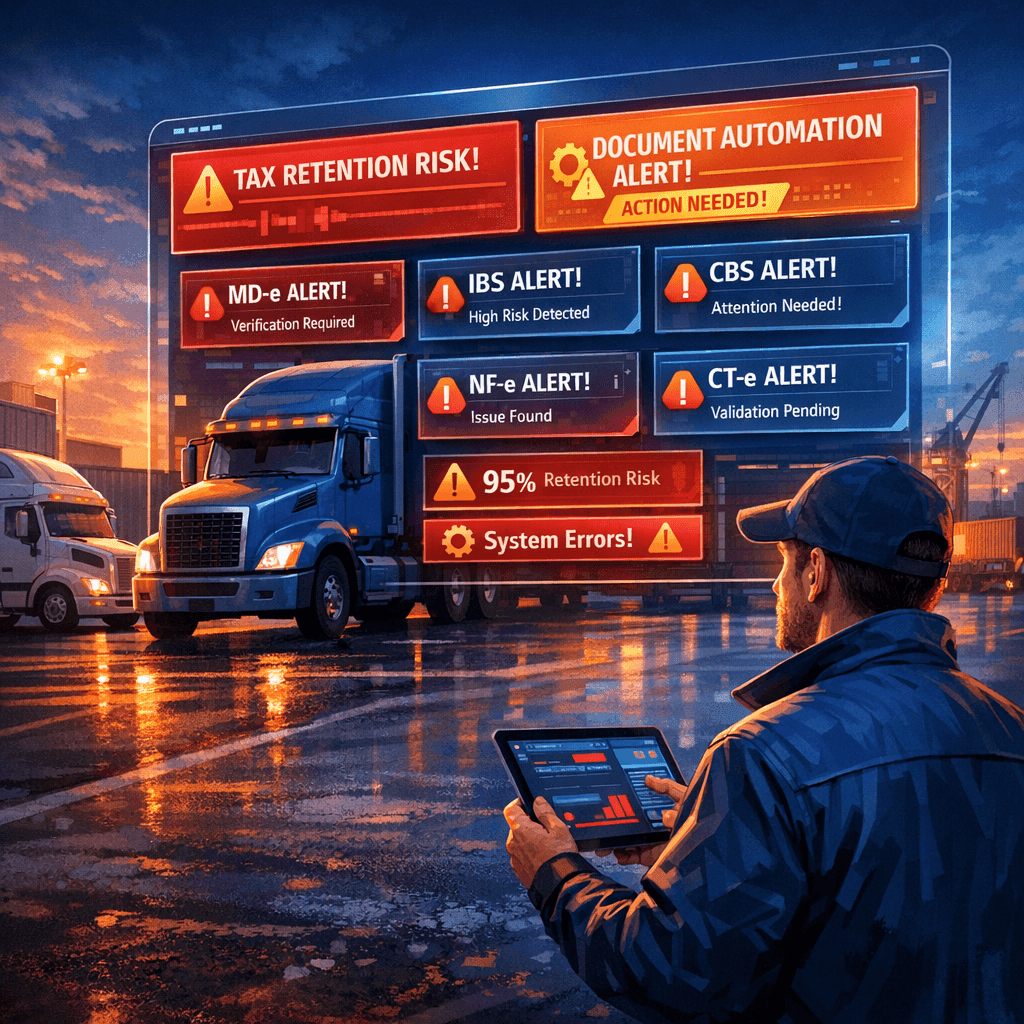 Gestor de frota diante de caminhões parados e painel com alertas de MD-e, IBS e CBS
