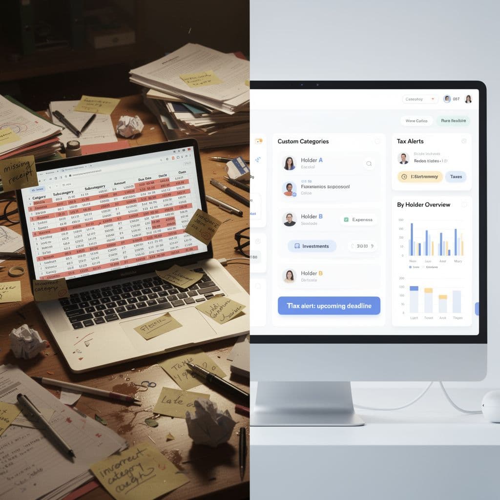 Comparação visual entre planilha rígida e dashboard financeiro adaptativo