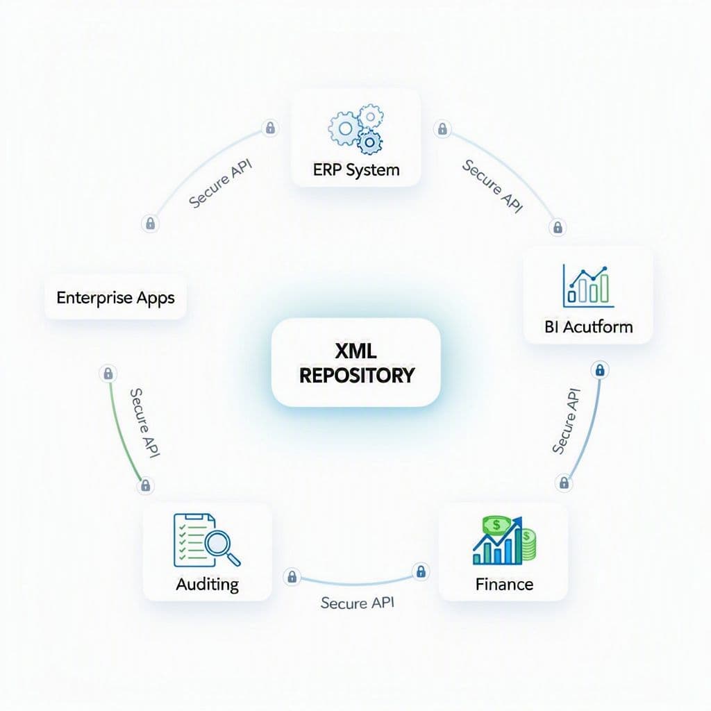 Arquitetura moderna com repositório central distribuindo XMLs para ERP, BI, contabilidade e financeiro