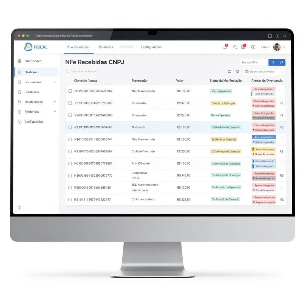 Painel com NF-e recebidas e alertas de conferência fiscal