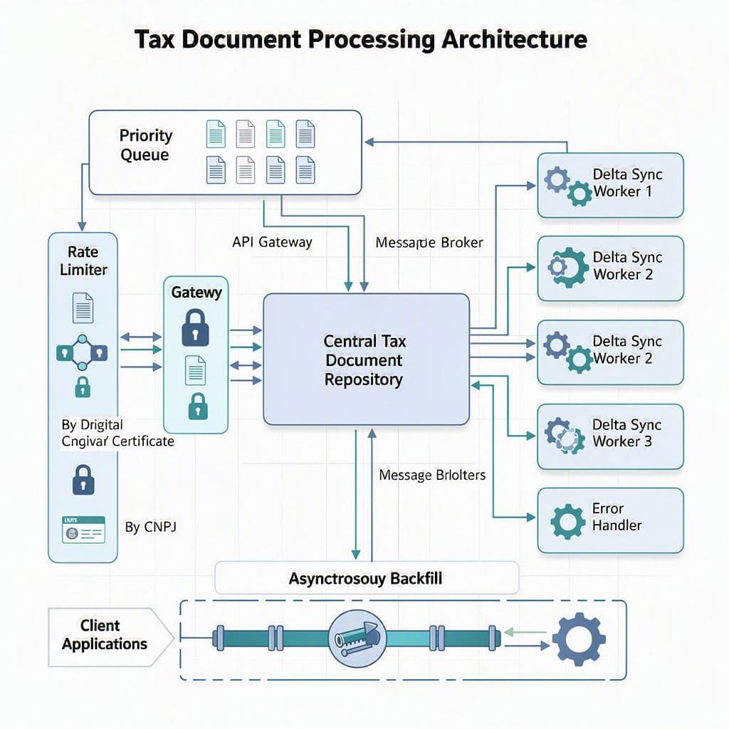 Diagrama de fluxo com repositório central, fila prioritária e sincronização delta