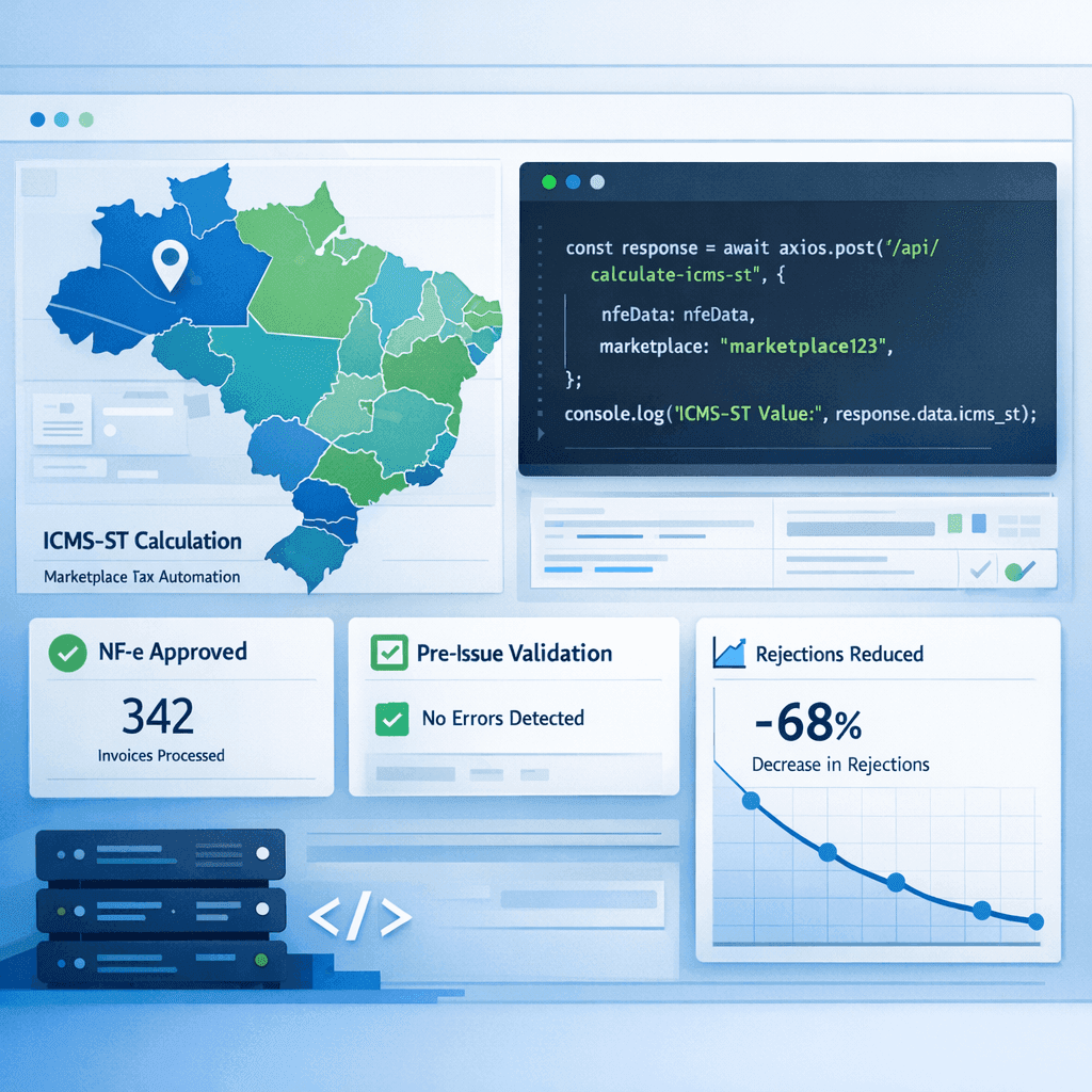 Dashboard de marketplace calculando ICMS-ST por API em tempo real para vendas interestaduais