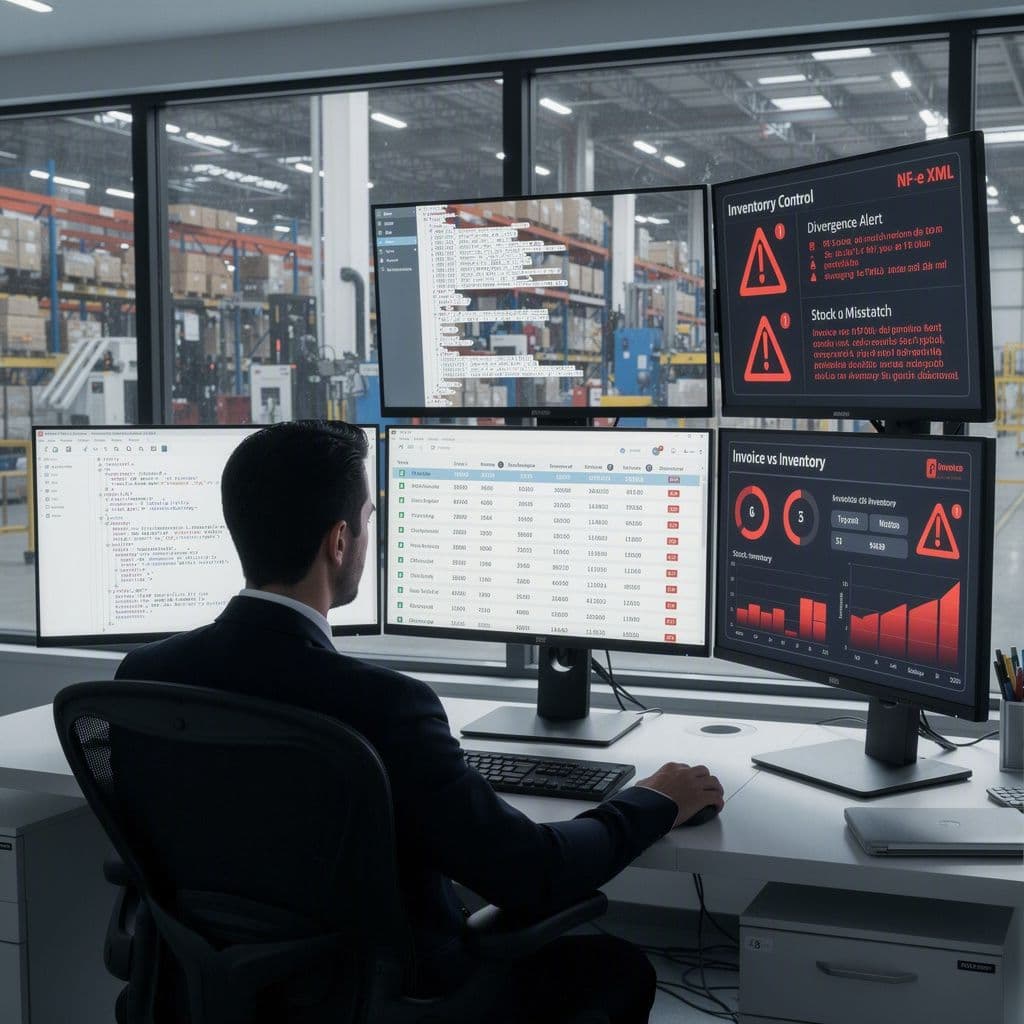 Analista fiscal comparando XML de NF-e com inventário físico e alertas de inconsistência