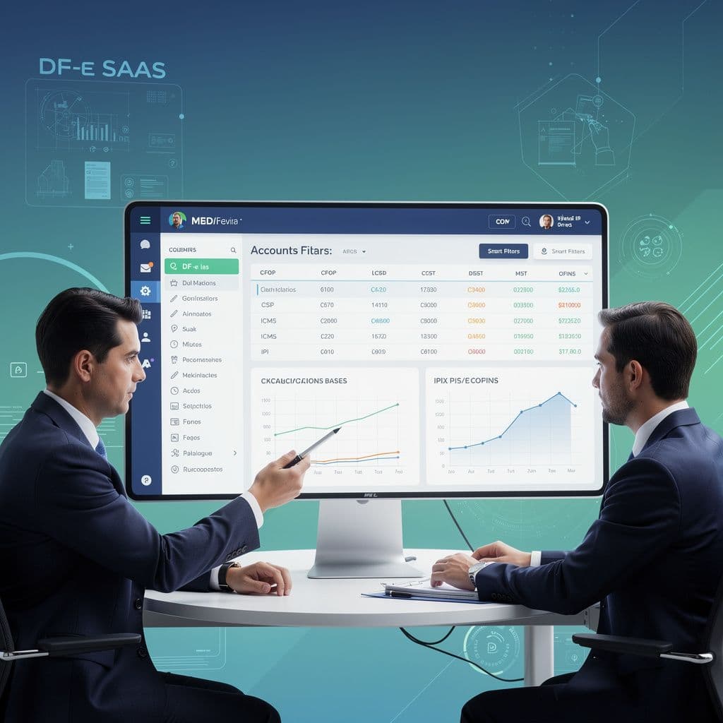 Contador analisando documentos DF-e em dashboard fiscal para apuração de impostos