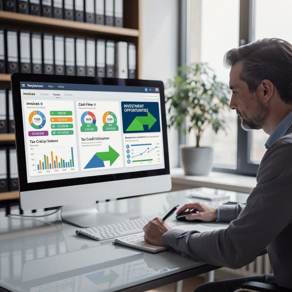 Empresário analisando notas fiscais e dashboard financeiro com rotas de investimento