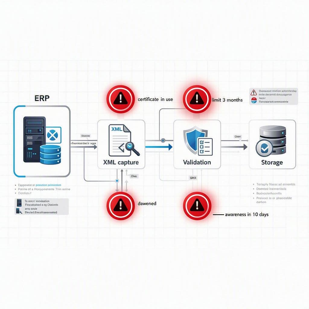 Fluxo de automação fiscal interrompido por erro de certificado e expiração de XML
