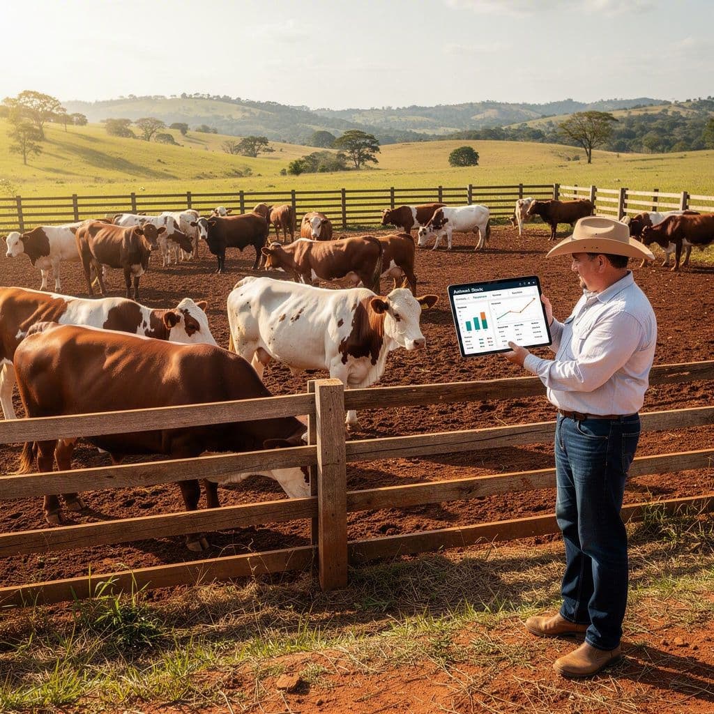 Gestor rural analisando no tablet o estoque real do rebanho em uma fazenda de pecuária