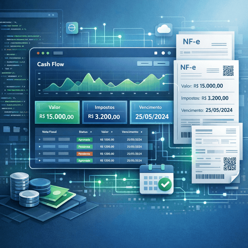 Dashboard conectando NF-e a previsões de fluxo de caixa em uma interface de software