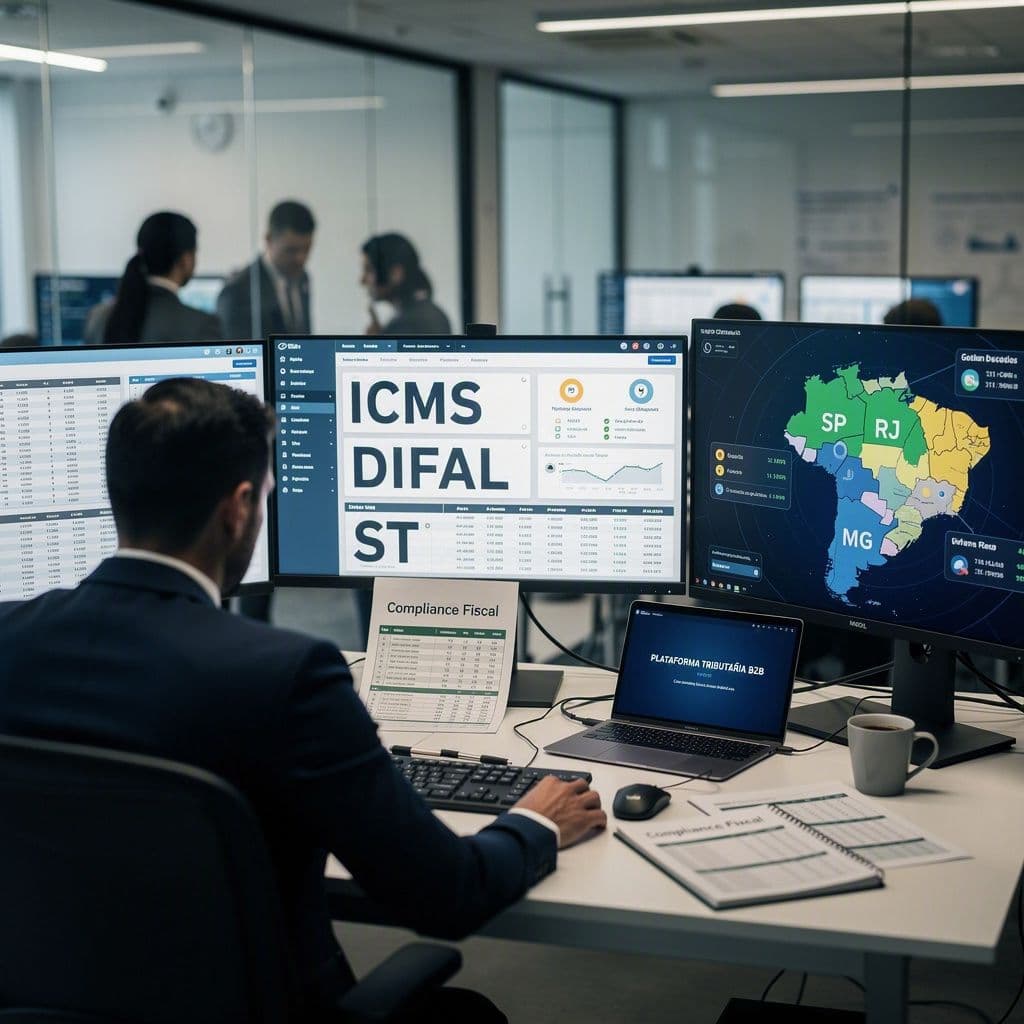 Analista fiscal cercado por telas com regras diferentes de ICMS por estado