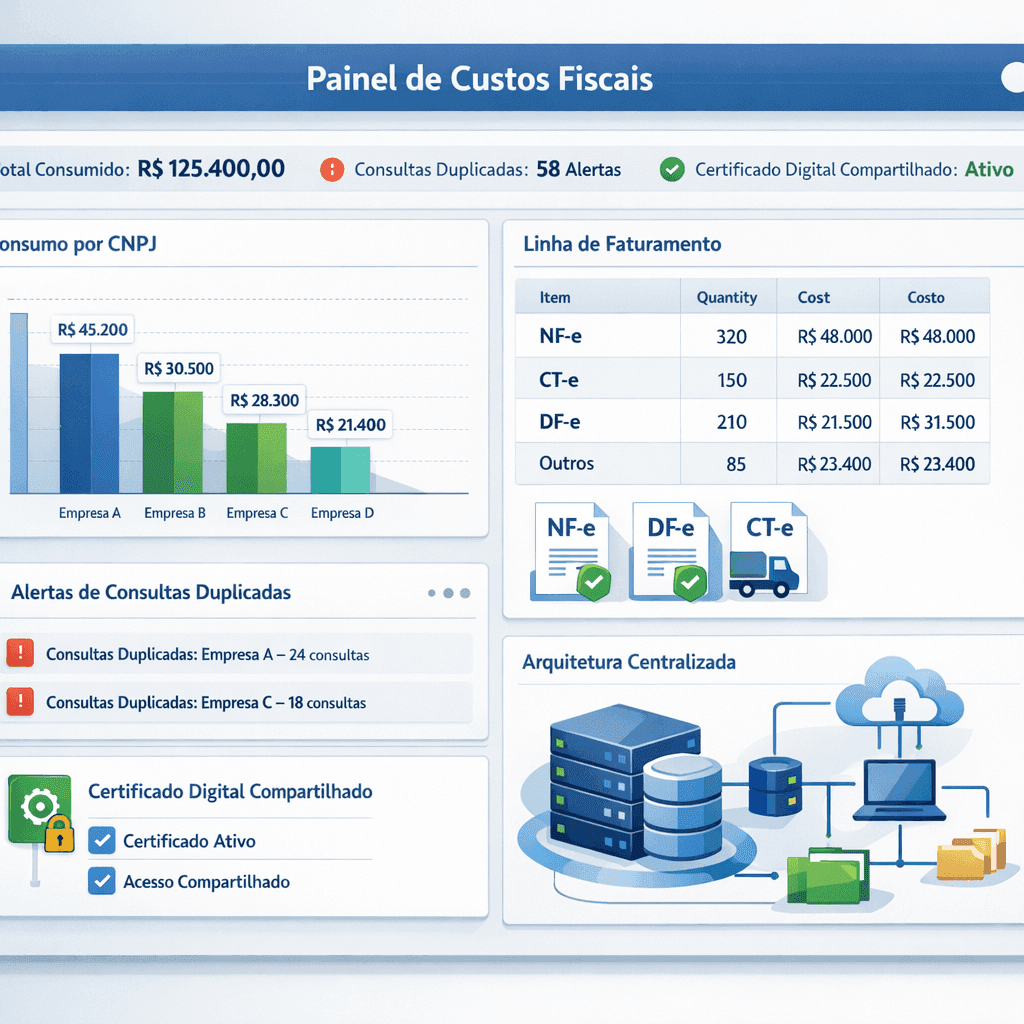Dashboard SaaS com custos de consultas fiscais por CNPJ e otimização multi-tenant