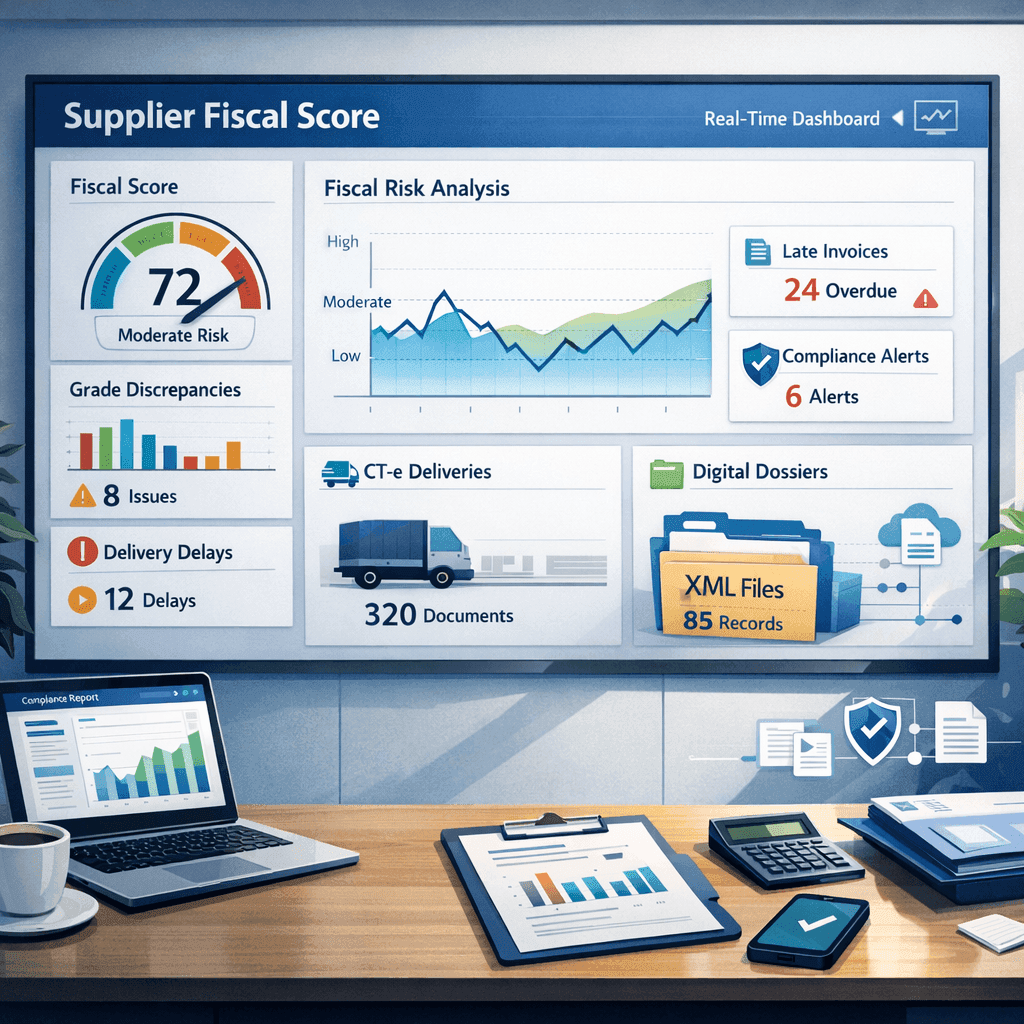 Dashboard de score fiscal em tempo real com indicadores de NF-e, DF-e e CT-e para avaliação de fornecedores