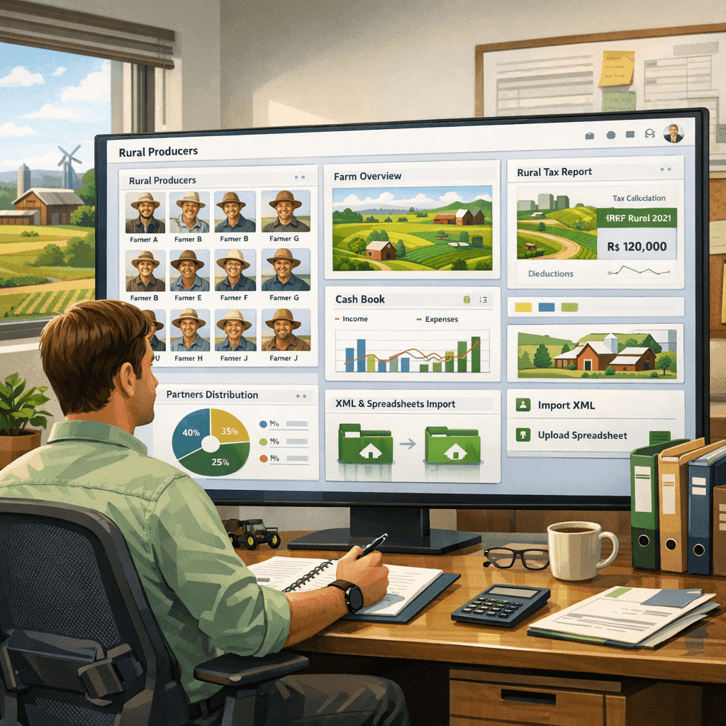 Contador rural usando dashboard único para gerenciar múltiplos produtores, livro caixa e IR rural