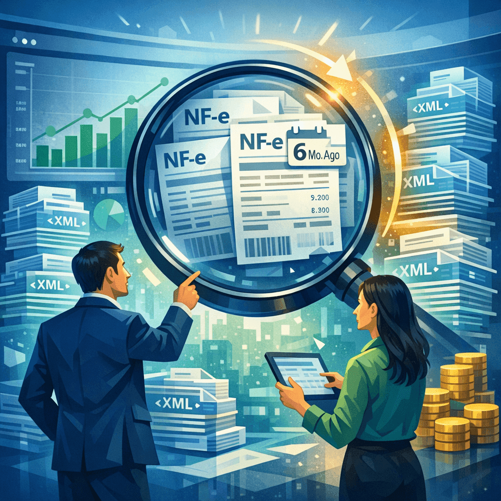Gestor fiscal analisando NF-e antigas para recuperar créditos de ICMS com apoio de repositório digital.