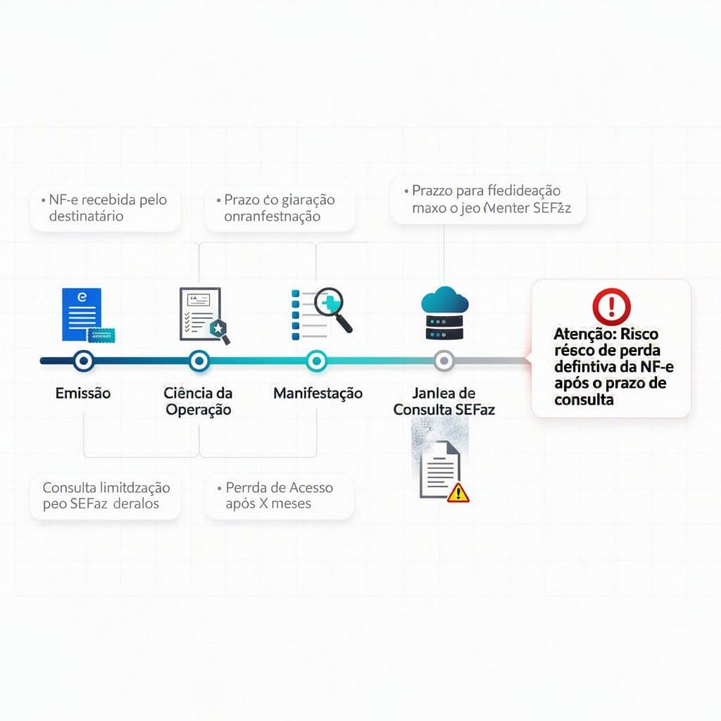 Linha do tempo mostrando NF-e recebida, prazo de manifestação, janela curta de consulta e perda de acesso ao XML.