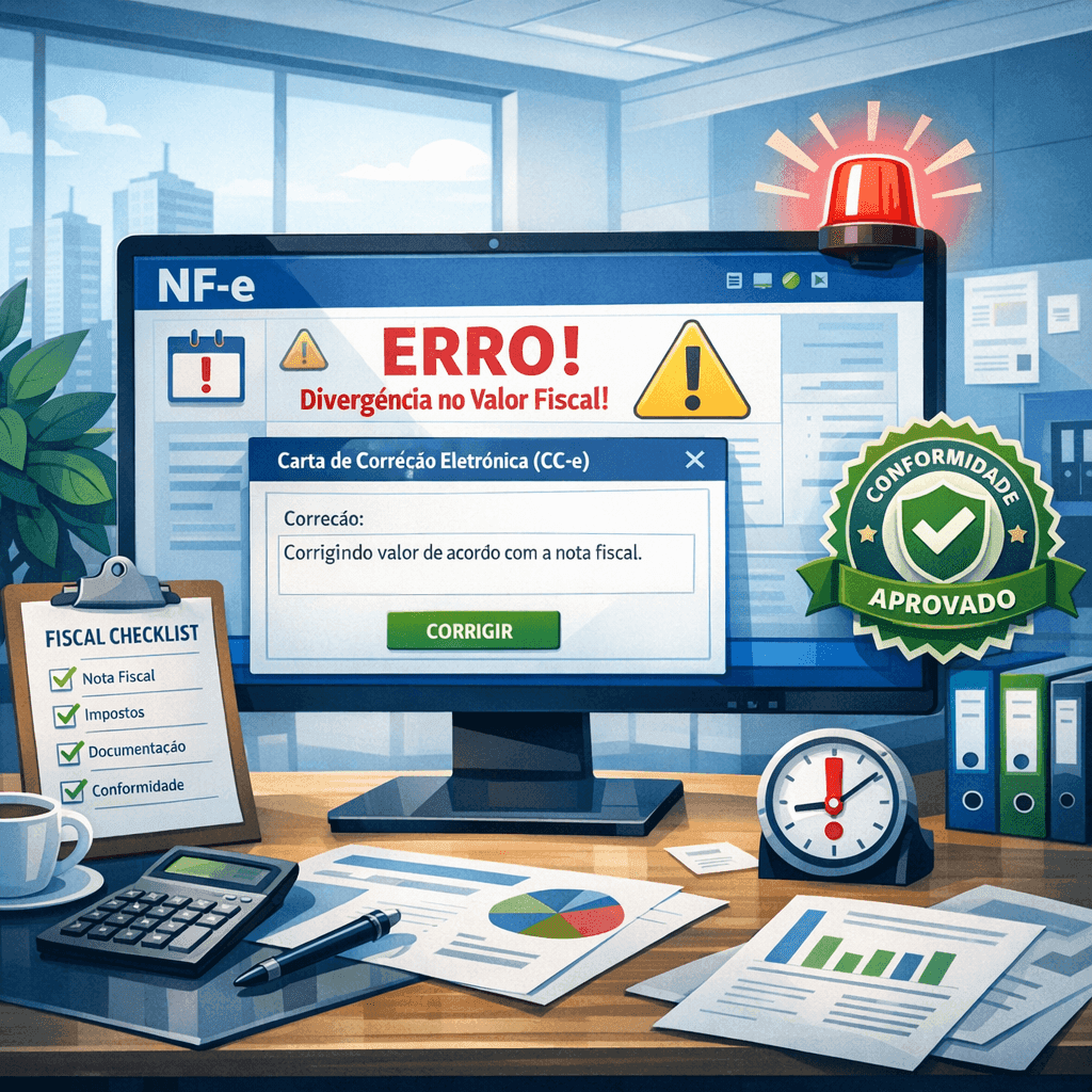 Tela fiscal ilustrando correção de erro em NF-e com Carta de Correção Eletrônica