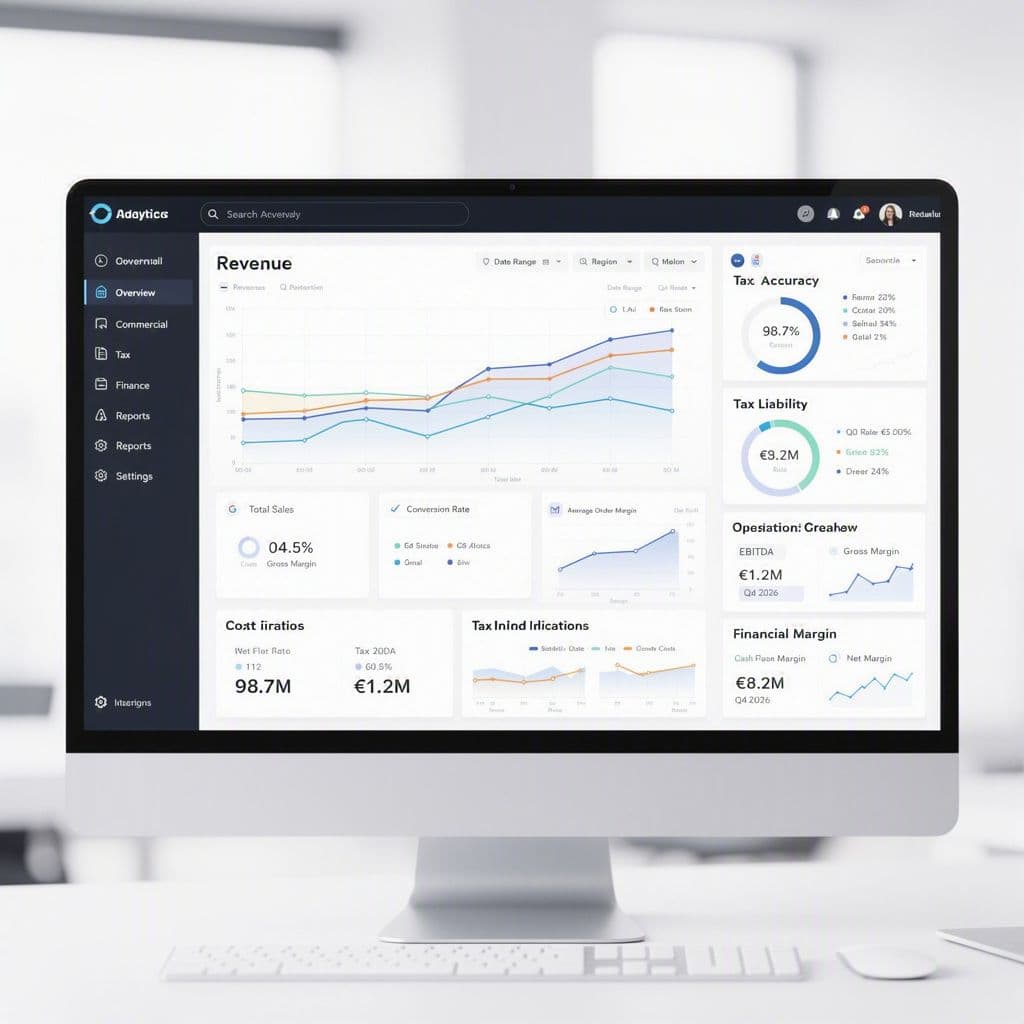 Dashboard corporativo mostrando integração entre áreas comercial, fiscal e financeira