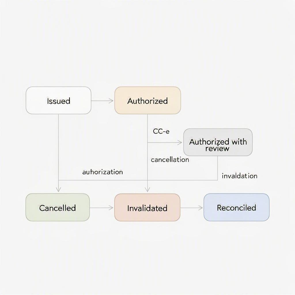 Diagrama simples de estados de uma NF-e com transições para autorização, CC-e, cancelamento e inutilização
