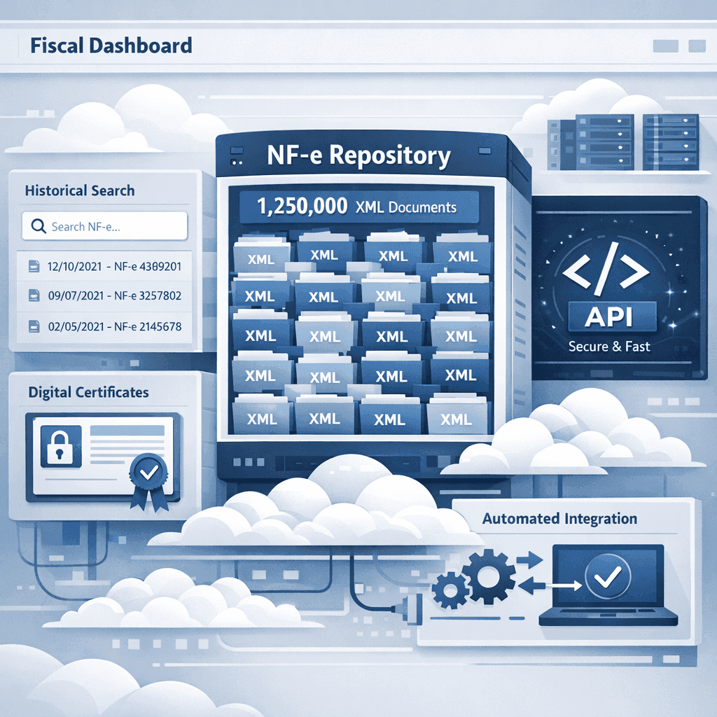 Dashboard ilustrado com repositório centralizado de NF-e, API fiscal e consulta histórica em grande escala