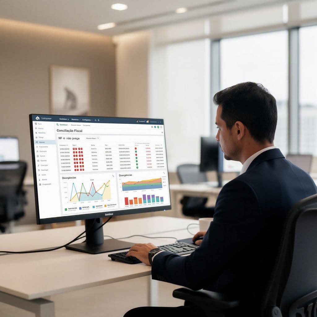 Analista financeiro observando alertas de discrepância entre notas fiscais e banco