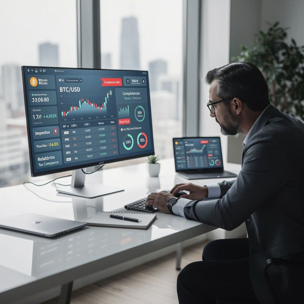 Analista fiscal observando dashboard com notas fiscais, cotações de cripto e alertas de risco