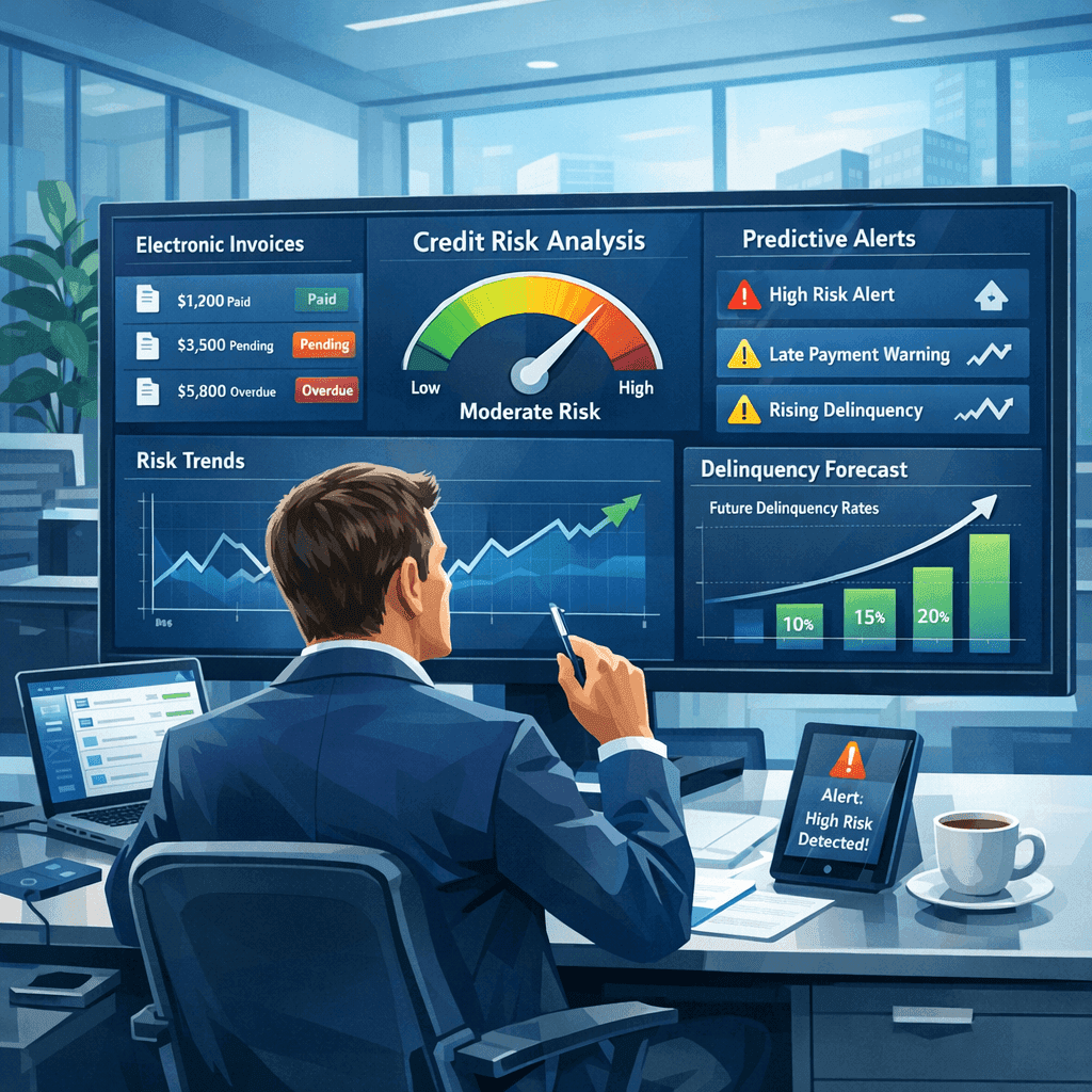 Gestor financeiro analisando dashboard de NF-e com alertas preditivos de inadimplência