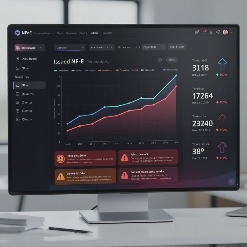 Tela com dashboard de NF-e exibindo queda de frequência, variação de ticket médio e alertas de risco