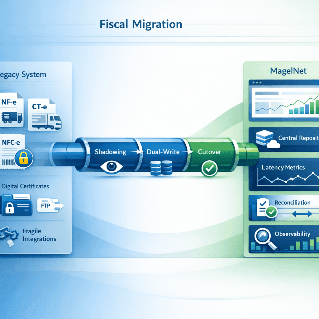 Fluxo visual de migração fiscal em fases de um sistema legado para a MagelNet sem interrupção operacional
