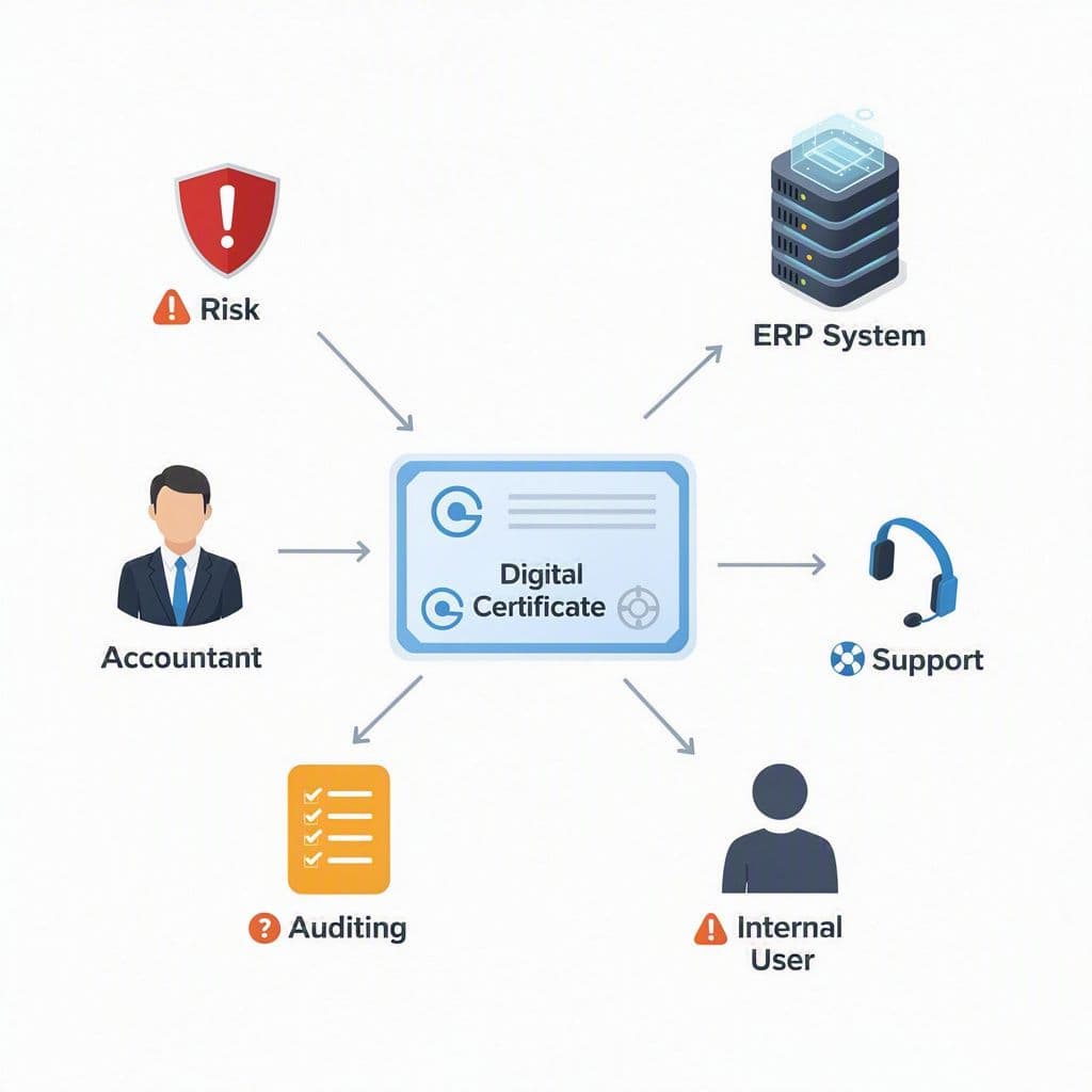 Diagrama mostrando risco de compartilhar certificado digital entre múltiplos usuários