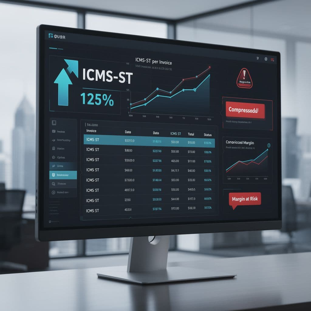 Dashboard mostrando aumento de ICMS-ST e pressão na margem de compras