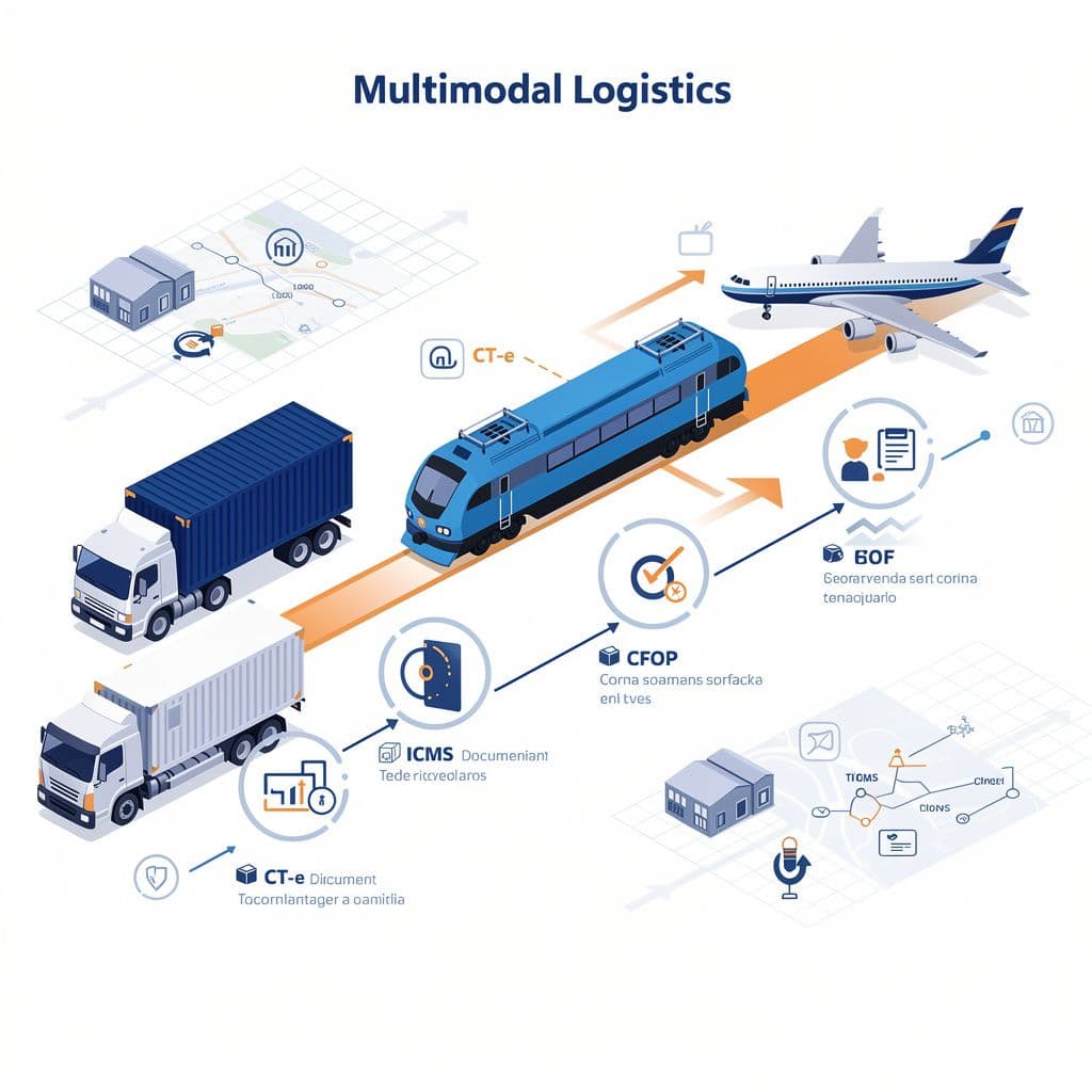 Fluxo de transporte multimodal com pontos de checagem documental entre caminhão, trem e avião