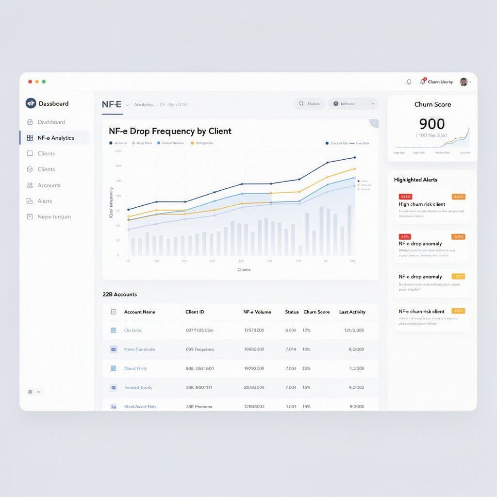 Dashboard mostrando queda no volume de NF-e por cliente e alerta de risco