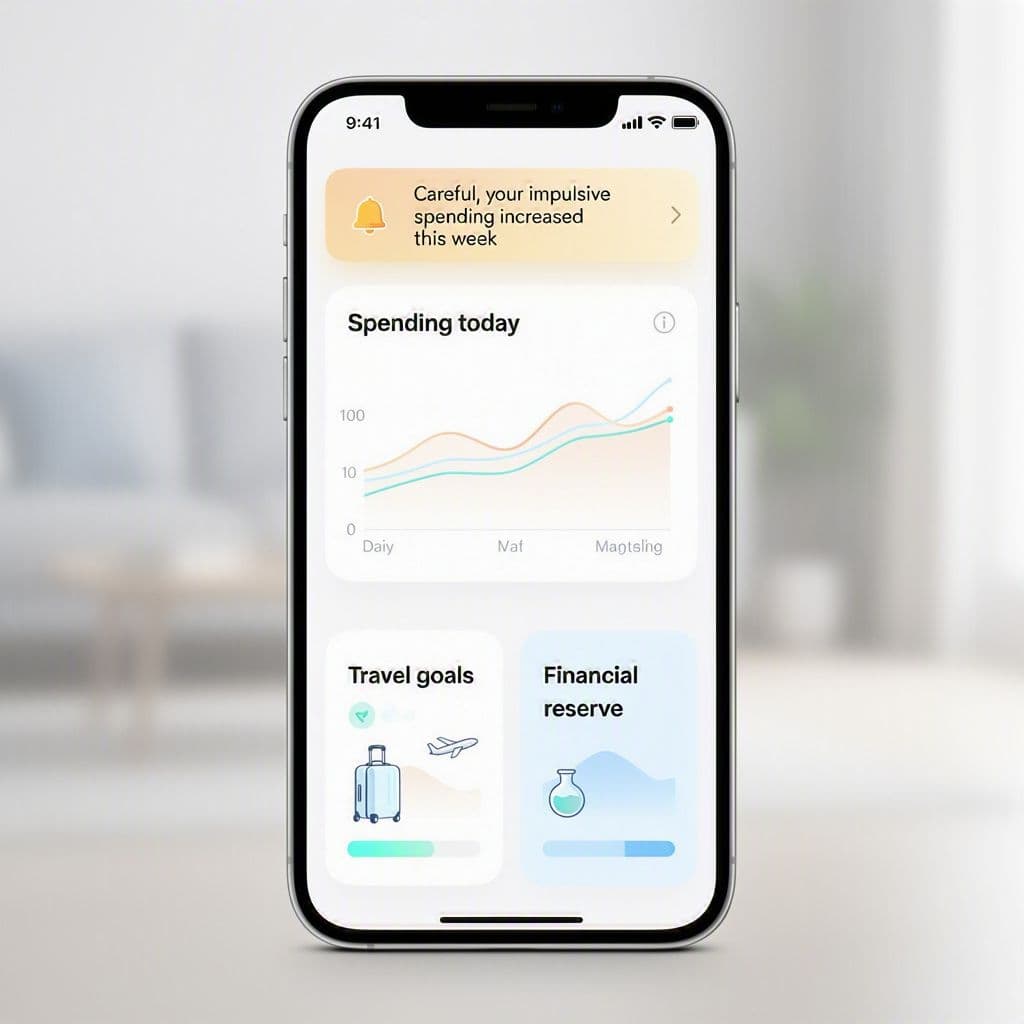 Painel simples mostrando categorias de gastos, alertas de impulso e metas financeiras pessoais